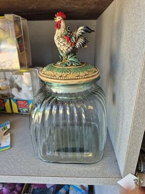 Vintage Decorative Rooster Topped Glass Canister - White/Red Accents